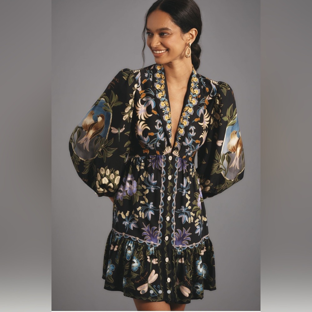 Farm Rio, black winter garden mini dress